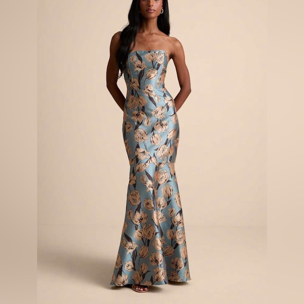 Lulu's Blue Strapless Floral Maxi Dress with Gold Floral Print